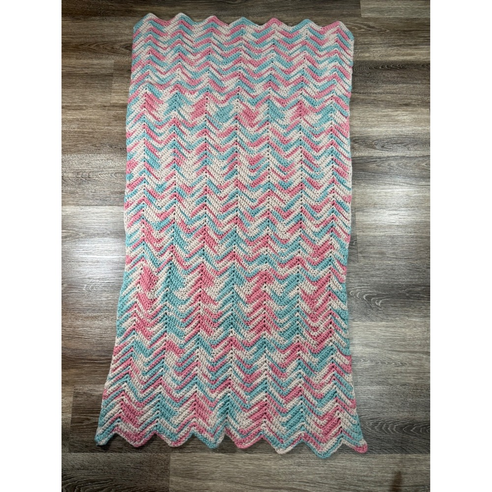 Handmade Crochet Baby Blanket Pink Teal Cream Chevron Ripple Zig Zag Throw 24x45 - Picture 1 of 3